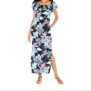Caribbean Joe Blue Tropical Floral off the Shoulder maxi Dress